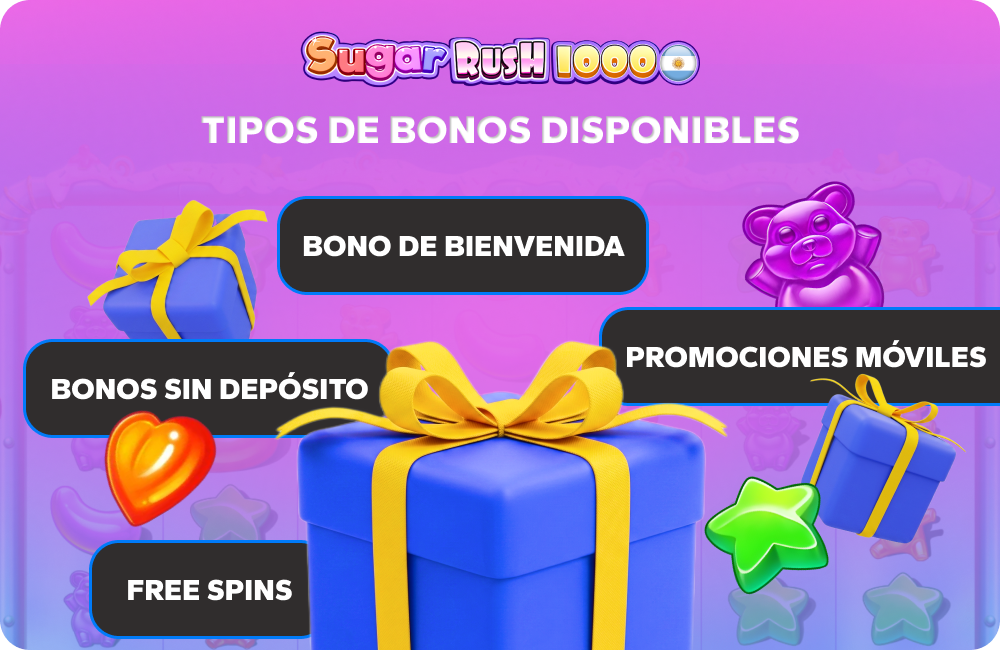 En Sugar Rush hay disponibles bonos, giros gratis, ofertas sin depósito y promociones de casino para dispositivos móviles